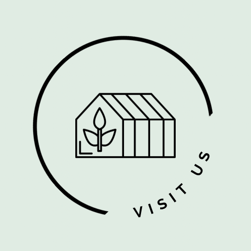 Illustration of a greenhouse with a plant design on the front inside a black incomplete circle with the words visit us curving to complete the circle on a pale green background